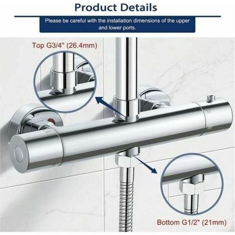Colonna doccia termostatica, raccordo doccia in ottone con attacco superiore G3/4 (26,4 mm) + attacco inferiore G1/2 (21 mm) + interasse (150 mm), (1/3)