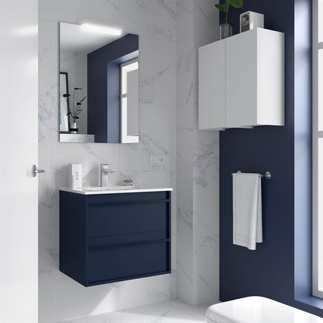 Ensemble complet ATTILA 800 2 tiroirs BLUE SATIN + meuble lavabo + miroir + éclairage (1/2)
