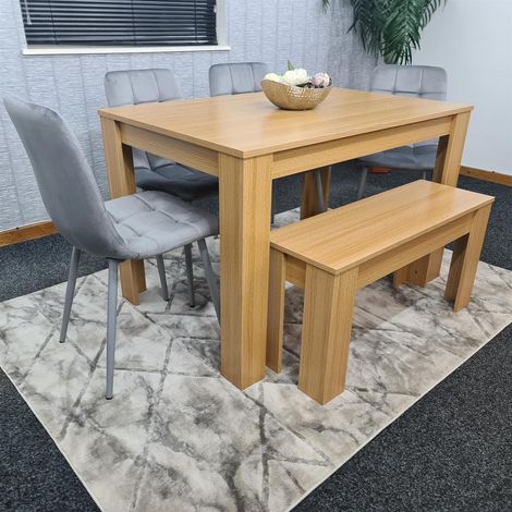Dining Table and 4 Chairs With Bench Oak Effect Wood 4 Grey Velvet Chairs Dining Room (1/5)