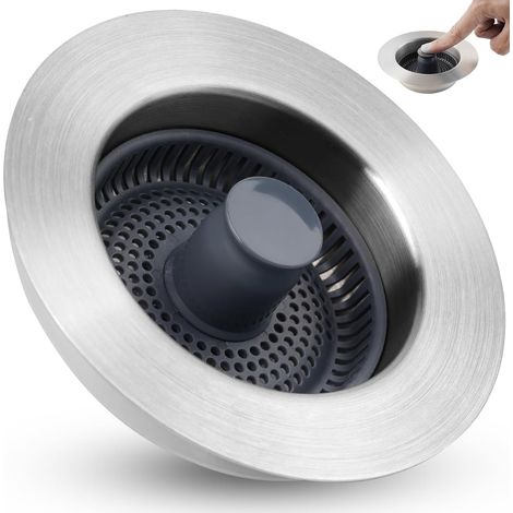 Crépine d'évier 3 en 1, en acier inoxydable 304, avec poignée, pour bonde standard américaine de 3-1/2 pouces (89 mm), couleur argent.