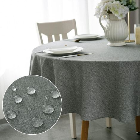 Nappe ronde 180cm Gris, lavable, imperméable, aspect lin