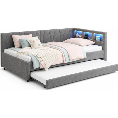 Cama nido 90x200 cm multifuncional con cama extraíble, USB, LED y estantes en cabecero, en tela gris y MDF, ideal para dormitorio juvenil o invitados  CHICFURN (1/5)