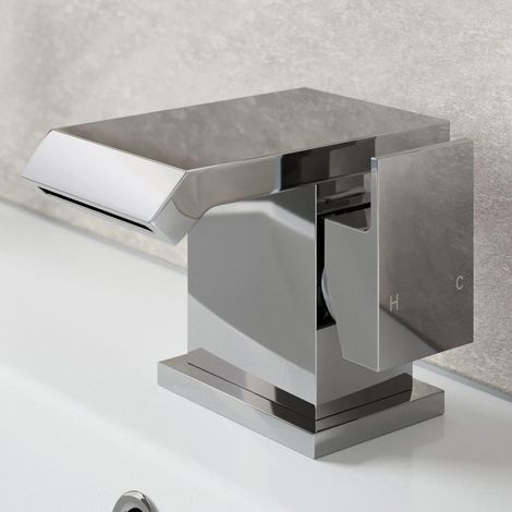 Modern Bathroom Waterfall Mono Basin Mixer Tap Square Chrome Single Lever Handle