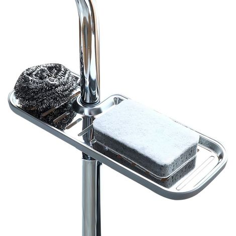 Support pour éponge de robinet, étagère de rangement pour robinet, support de rangement suspendu réglable pour robinet d'évier de cuisine en acier inoxydable (L) (1/5)