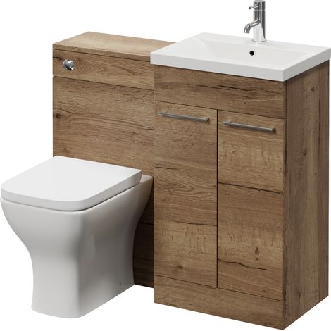 Napoli 390 Tobacco Oak 1000mm 2 Door Vanity Unit Toilet Suite with Glide Basin - 1000mm - Chrome 160mm HandleWith Kingston Toilet Pan and Seat
