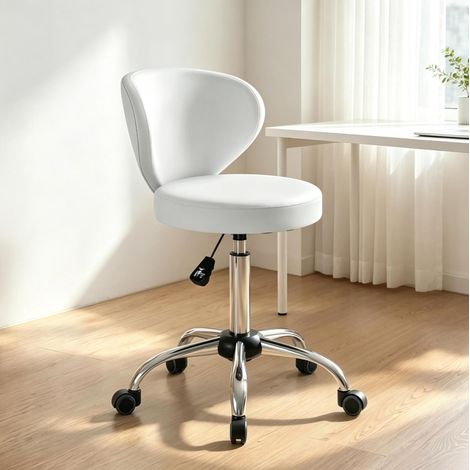Taburete giratorio 360° con respaldo, altura regulable 73-88 cm, PU blanco y acero cromado (1/5)