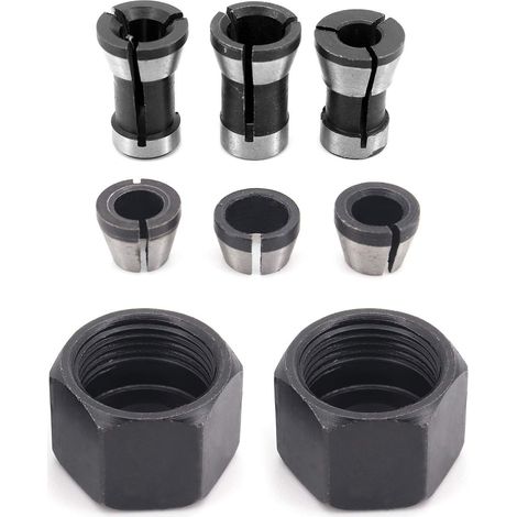 6 Stück HSS-Spannfutterkopf, 6 mm, 6,35 mm, 8 mm Kopf-Adapter-Konverter für Bohrmaschinen, Graviermaschinen, für Trimmer, elektrische Zimmerei-Oberfräse, Klemmhalter + 2 Muttern