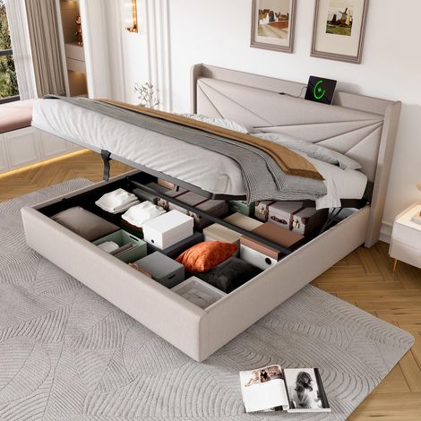 Lit double capitonné avec rangement, coffre de lit avec fonction de chargement USB Type C, tête de lit, lits coffres, cadre de lit en lin, lit junior 180x200 avec sommier à lattes (sans matelas), g... (1/5)