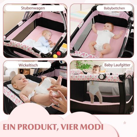Cuna de viaje 4 en 1 con colchon cama auxiliar plegable con dosel regulable flores rosas