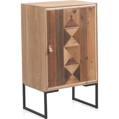 Table de chevet en bois recyclé avec une porte et un piètement en métal (1/5)