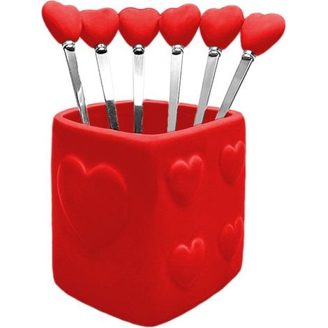 Lot de 6 Cuillères à Café avec Support Motif Cœur en Acier Inoxydable Rouge pour la Table - PANGIVO (1/5)