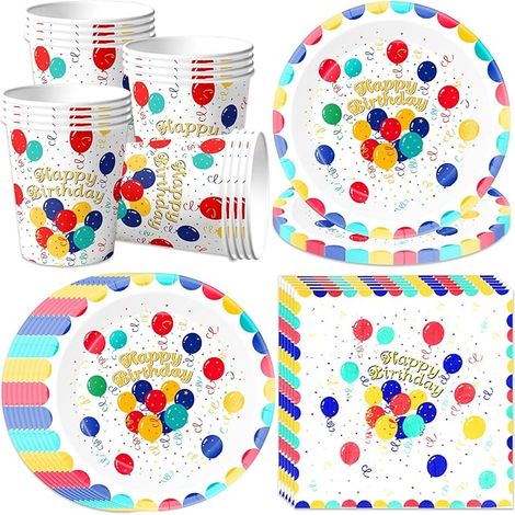 Ensemble de vaisselle de fête d'anniversaire colorée, assiettes en carton, tasses, serviettes, pour enfants, décoration d'anniversaire, motif ballon blanc (1/5)