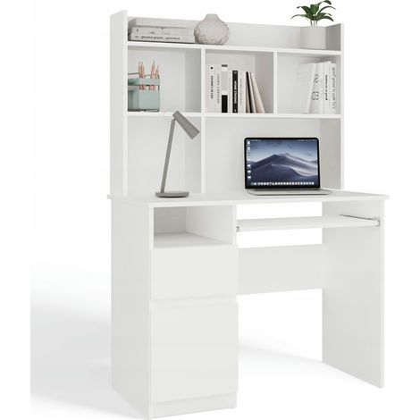 PORTO IZQUIERDO - Escritorio 98×51×145 cm con 3 cajones y repisas, con estante superior para oficina / dormitorio - Blanco