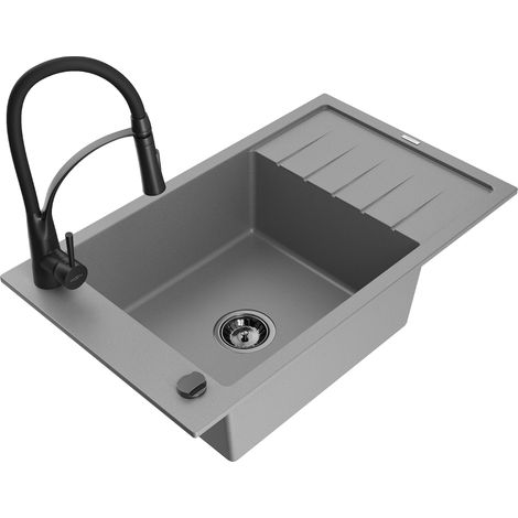Mexen Elias évier en granit 1-bac avec égouttoir et robinet de cuisine Aster, gris - 6511-71-73450-70-B (1/5)