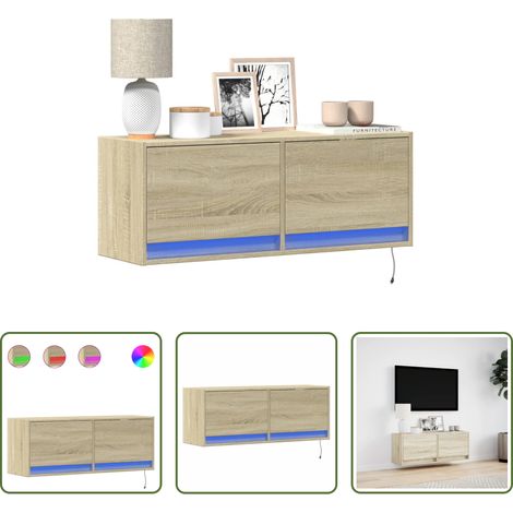 Armoire TV murale -  Meuble TV mural avec lumières LED chêne sonoma 100x31x35 cm (1/5)