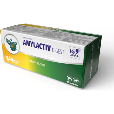 Suplemento para perros y gatos VetFood Amylactiv digestión 120 cápsulas.
