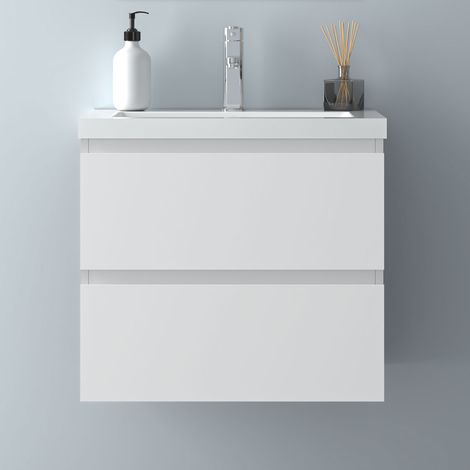 60 cm Badmöbel Set Unterschrank 2 Schubladen Weiß Matt soft close Badezimmer Badezimmermöbel Selbstmontierter Unterschrank mit Weiß Mineralguss waschtisch