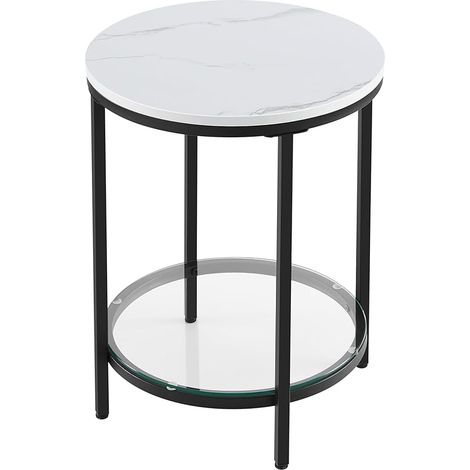 VASAGLE Table d’Appoint, Petite Table Ronde à 2 Niveaux, Table de Nuit, en Panneau d’Aggloméré et Verre, pour Salon, Chambre, Bureau, Petit Espace, Style Moderne, Blanc Marbré et Noir (1/5)