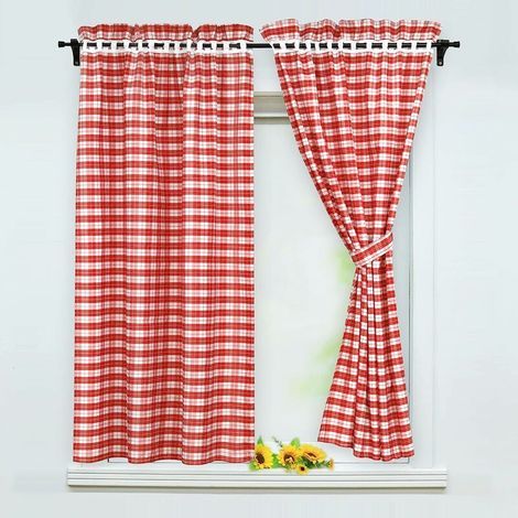 Lot de 2 rideaux occultantsavec 2 embrasses style maison de campagne, Polyester, rouge, BxH 80x120cm (1/4)