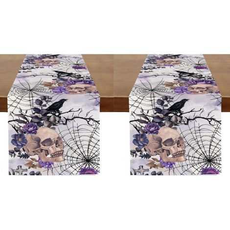 Camino de mesa gótico morado con motivo de calavera, 33 x 183 cm, estampado de telaraña, para decoración de mesa de cocina (2 piezas) (1/4)