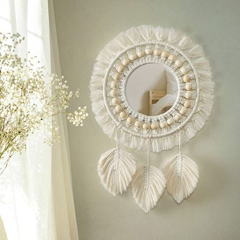 Miroir Mural à Franges en avec Pendentif en Plumes de Perles de Bois Miroir Rond d'art Mural pour Couloir De Chambre à Coucher Salon Décor à La Maison (Beige) (1/4)