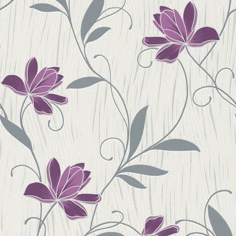 Papier peint fleuri 10,05 x 0,53 m – Couleur violet, blanc, argent – Tapisserie florale pour salon et chambre – A.S. Creations