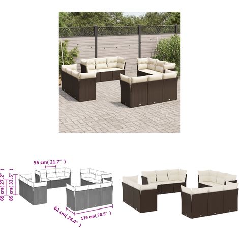 12-tlg. Garten-Sofagarnitur mit Kissen Braun Poly Rattan - Gartensorte - Gartenmöbelset - Lounge Möbel - Outdoor Sofa - Rattan Gartenmöbel - Home & Living