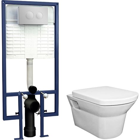 Porthill Round Wall Hung Toilet Pan, Soft Close Seat & Concealed Cistern with Round Push Button Plate, 400mm - Balterley