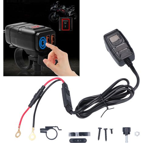 Modifiziertes Dual-USB-Motorrad-Handyladegerät mit Schalter, wasserdichtes QC3.0-Handyladegerät, Echtzeit-Voltmeter (rot). (1/5)