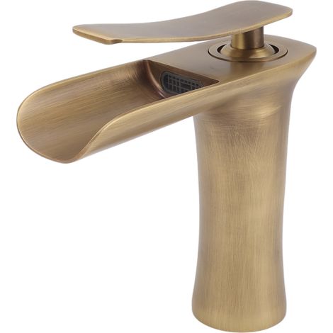 Robinet de lavabo de salle de bain en laiton antique à une seule travée, style cascade, mitigeur pour eau chaude et froide sous plan de travail. (1/5)