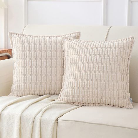 Lot de 2 housses de coussin en velours côtelé, décoratives pour canapé, salon, beige, 45x45 cm. (1/3)