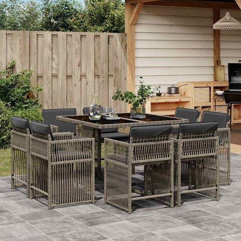 Vidaxl – Ensemble à manger de jardin 9 pcs – Résine tressée gris – Table 110x106x73 cm avec verre trempé – Chaises pliantes avec coussins amovibles (1/5)