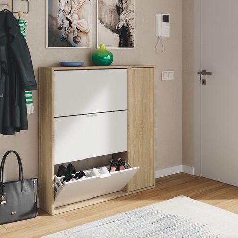 Meuble à chaussures 4 portes blanc et bois – Style scandinave – Dimensions 115x106x22cm – Capacité 26 paires – Forex (1/10)
