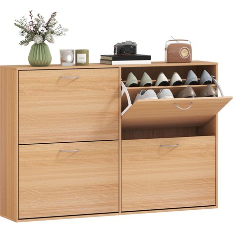 Meuble à chaussures compact à 4 portes à abattants, pour 24 paires avec étagères réglables, en bois, 120 x 24 x 81 cm, couleur bois, design moderne