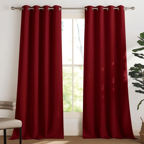 Rideau Occultant Rouge Foncé Thermique et Anti Froid à Oeillets - Lot de 2 Voilages Prêt à Poser pour Fenêtre Salon Maison, Largeur 132cm x Hauteur 114cm (1/5)