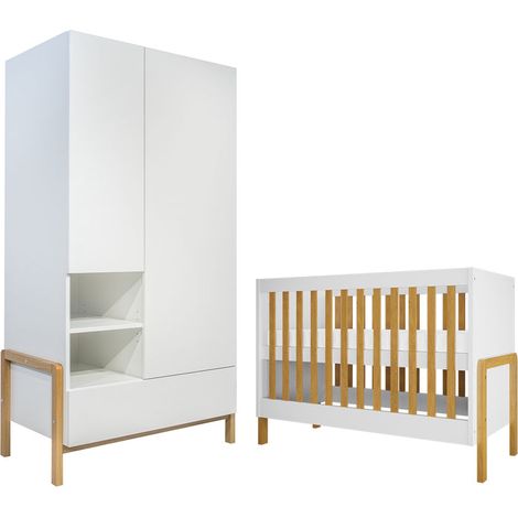 Cuna 60x120 y armario 2 puertas Kocot Kids Victor - Blanco y Roble