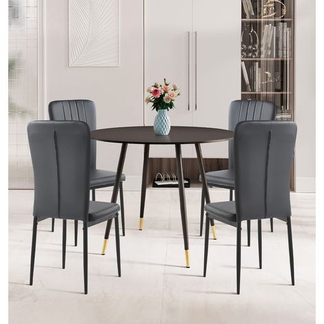 Hallowood Furniture Finley Round Dining Table and Chairs Set 4, Small Black Dining Table and Upholstered Sleek Black Faux Leather Chairs Set, Ideal for Kitchen, Office, or Café (100cm) (1/5)