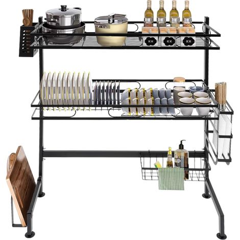 Égouttoir à vaisselle sur évier, 2 niveaux en acier inoxydable, Grand égouttoir de cuisine, Étagère de Cuisine Avec porte-ustensiles, support de planche à découper, bloc à couteaux, Noir (62 cm) (1/5)