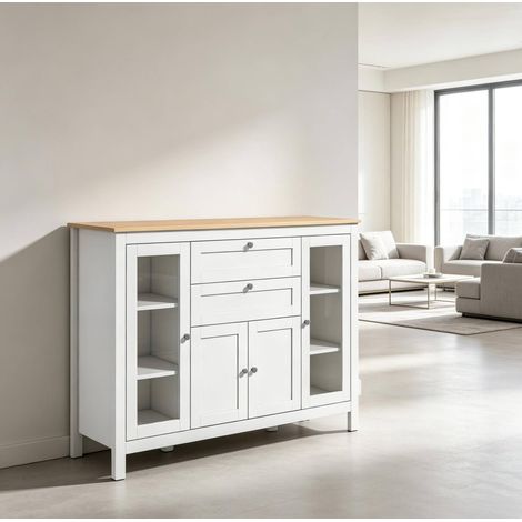 Aparador vitrina 120x40x90 cm de MDF blanco con almacenaje para salón - MEUBLIV (1/5)