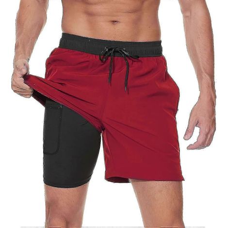 Short de bain homme avec doublure de compression et séchage rapide - Short de plage/surf avec poches zippées pour homme Black-red-L (1/5)