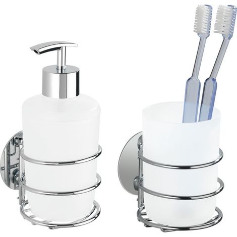 Distributeur de savon mural Turbo-Loc chrome blanc 285 ml – Fixation sans perçage – Porte-brosse à dents et porte-gobelet inclus