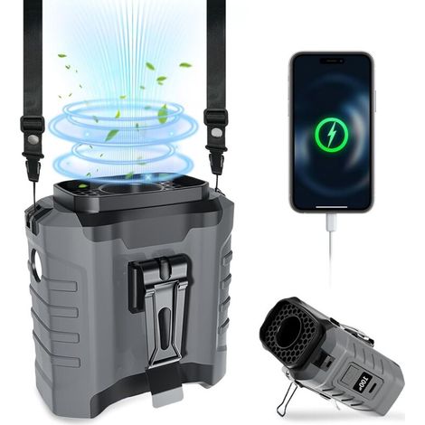 Ventilateur de Ceinture Personnalisé - Ventilateur Clipable à 5 Vitesses avec Batterie 10000 mAh et Lumière LED - Gris pour Camping, Chantier, Activités Outdoor