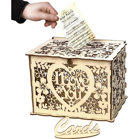 Boîte en bois pour cartes de mariage,tirelire avec fente de verrouillage,tirelire en bois pour réception de mariage,anniversaire de mariage,décoration de fête (I Love You-Petite taille) (1/5)