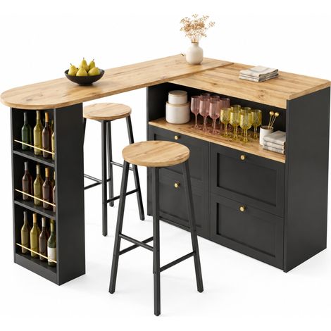 ELVMI Set Tavolo e Sgabelli da Bar con 1 Tavolo da Cucina e 2 Sgabelli, Contenitore, MDF e Metallo, Nero (1/5)