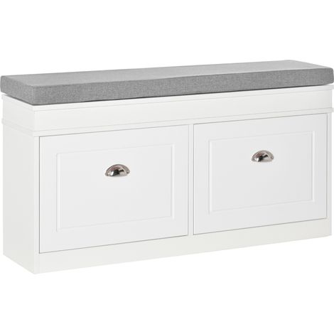 Panca Scarpiera Salvaspazio in Legno con Cuscino, 2 Cassetti con Mensola Regolabile per 8 Scarpe, 104x24x55cm, Bianco