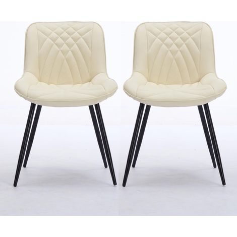 FurnitureR Lot de 2 chaises à manger crème, PU perforé, pieds métal, surpiqûres 3D et pieds métal noirs offrent confort, aération et soutien stable (1/5)