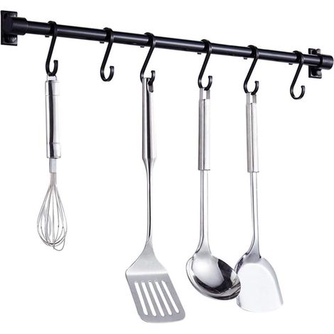 Black Aluminum Utensils Holder,40CM Kitchen Rack Wall Mounted,Kitchen Rail Pan Hanger With 6 S Removable Hooks For Hanging Kitchen Utensil,Bathroom Gadget