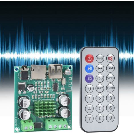 Carte d'amplification double canal pour Bluetooth 5.0 avec télécommande, compatible avec les clés USB et les entrées auxiliaires. (1/5)