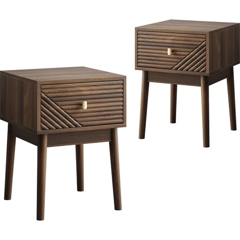 URBAN MEUBLE Lot de 2 tables de chevet effet noyer clair poignées métalliques dorés 40x40x55cm (1/5)