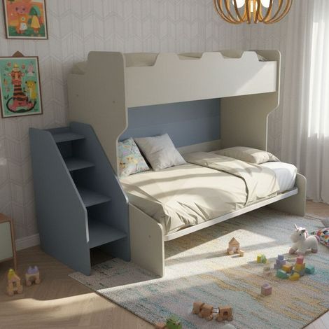 Letto a castello 3 posti con terzo letto estraibile e scaletta contenitore - Una piazza e mezza - Ecru e Avio (1/5)